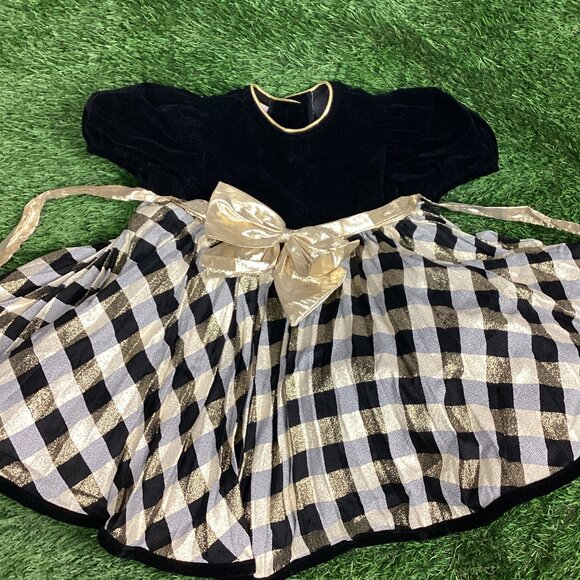 Vintage Black Velour Gold Check Baby Dress 12mths